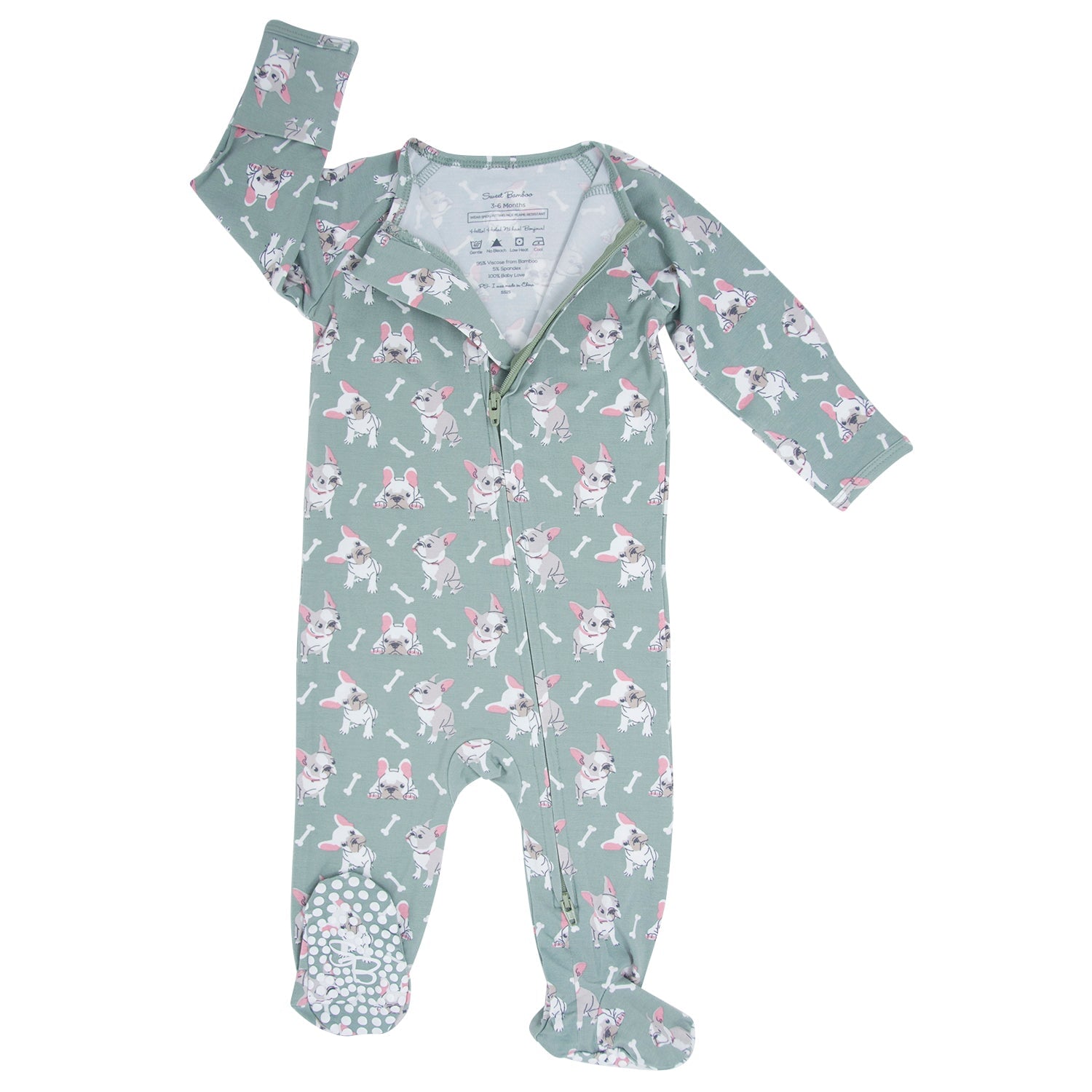 Sage green bunny-print zipper footie pajamas with long sleeves and footed legs