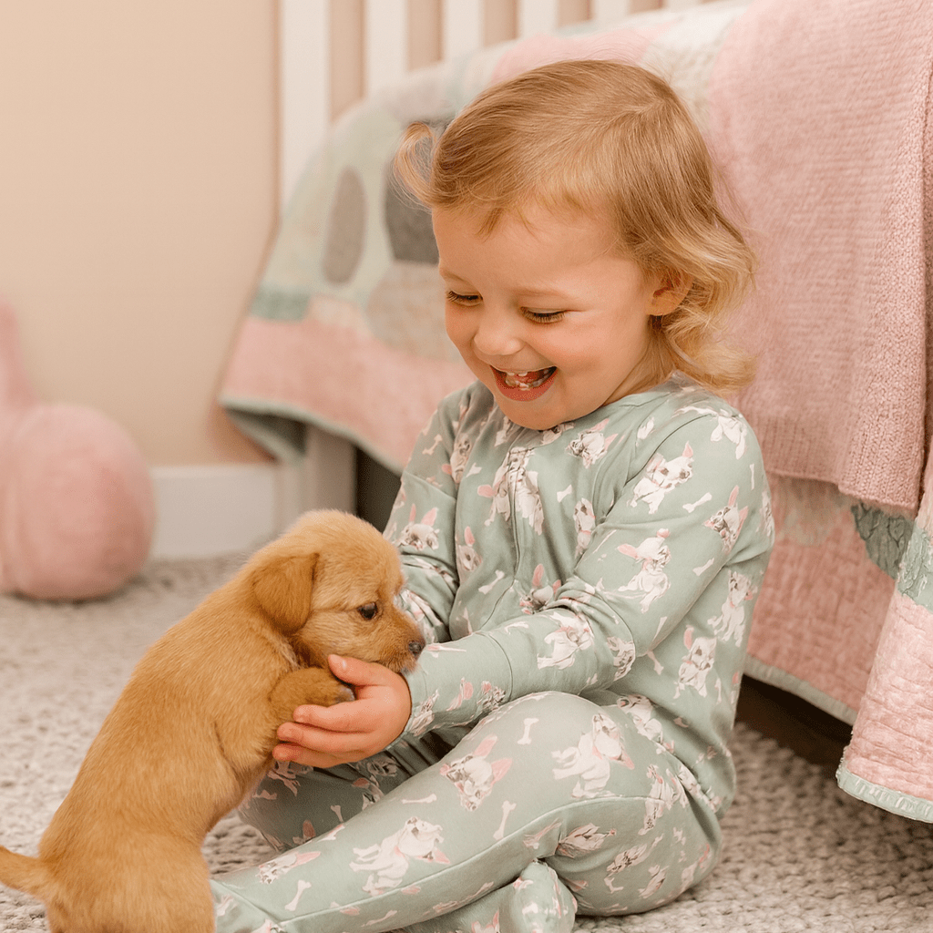 Animal-print footie pajamas in sage green with long sleeves and footed legs