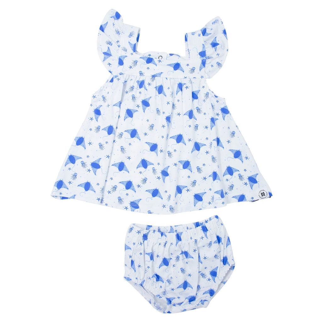 Baby ruffle dress with bloomer, blue and white whale print, short sleeves