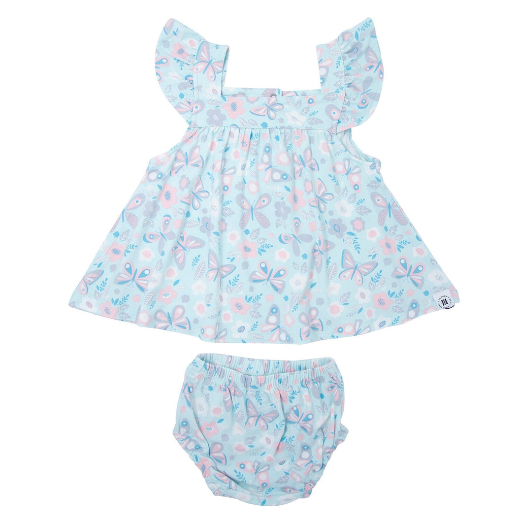 Girls ruffle dress and bloomer set in aqua, allover butterfly print and wide ruffle hem