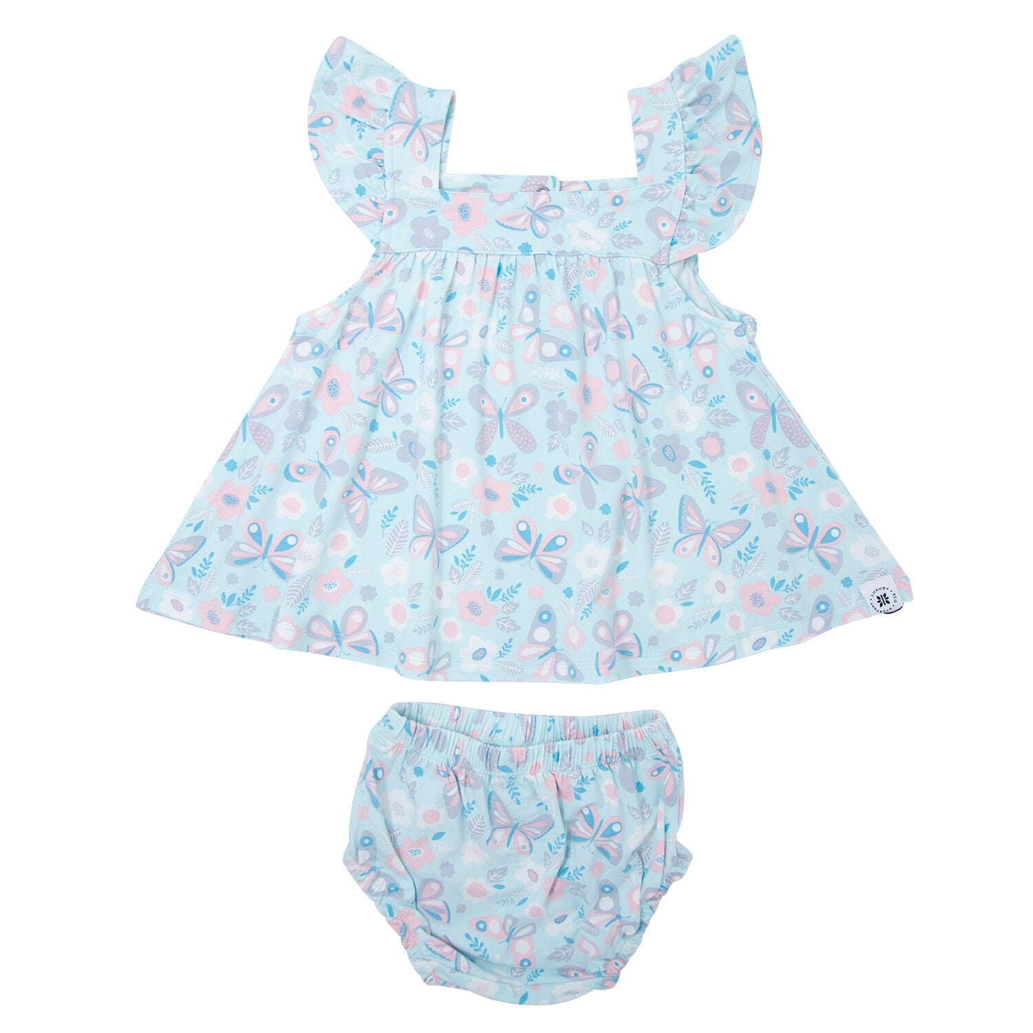 Girls ruffle dress and bloomer set in aqua, allover butterfly print and wide ruffle hem