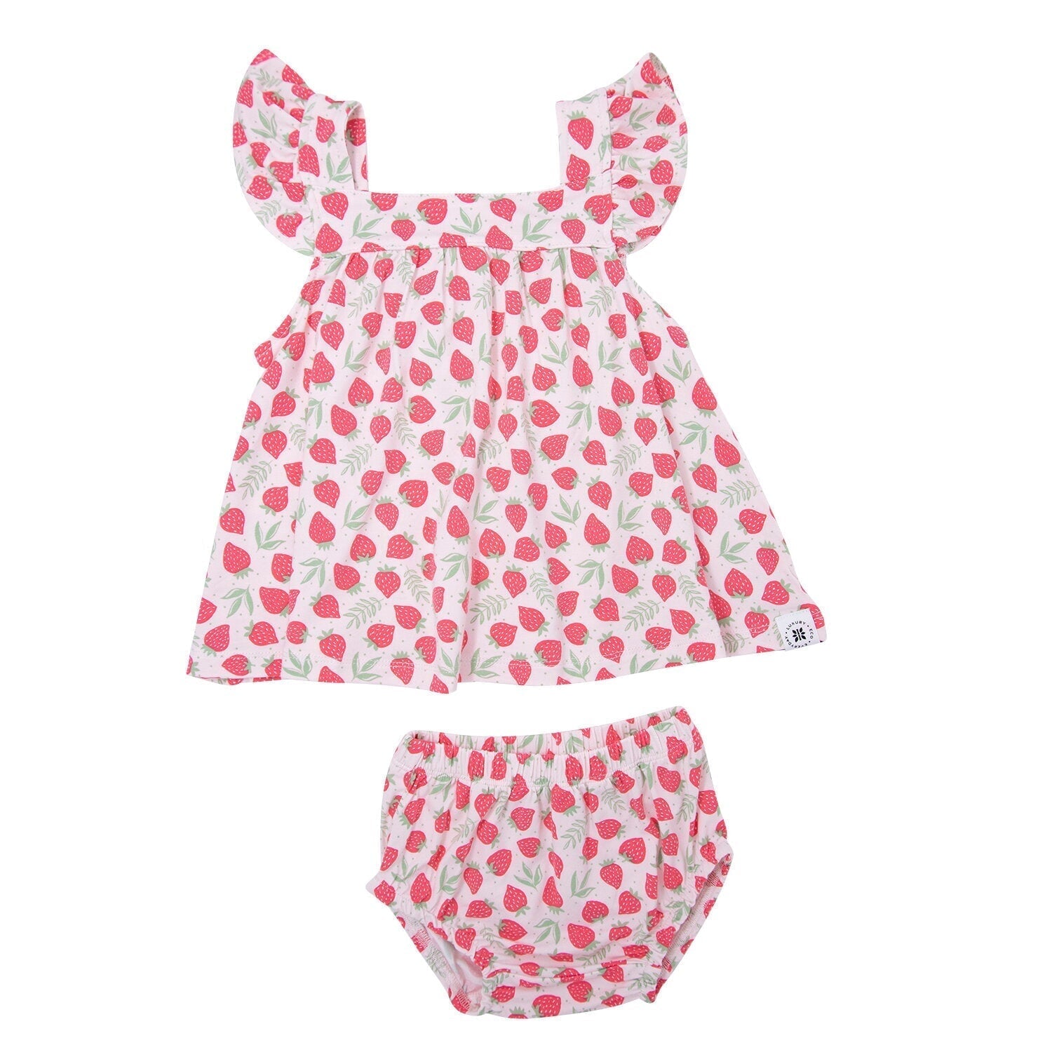 Ruffle dress and bloomer set with strawberry print, flounce hem and matching bottoms