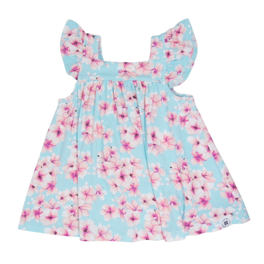 Light blue floral ruffle dress with pink flowers and flutter sleeves