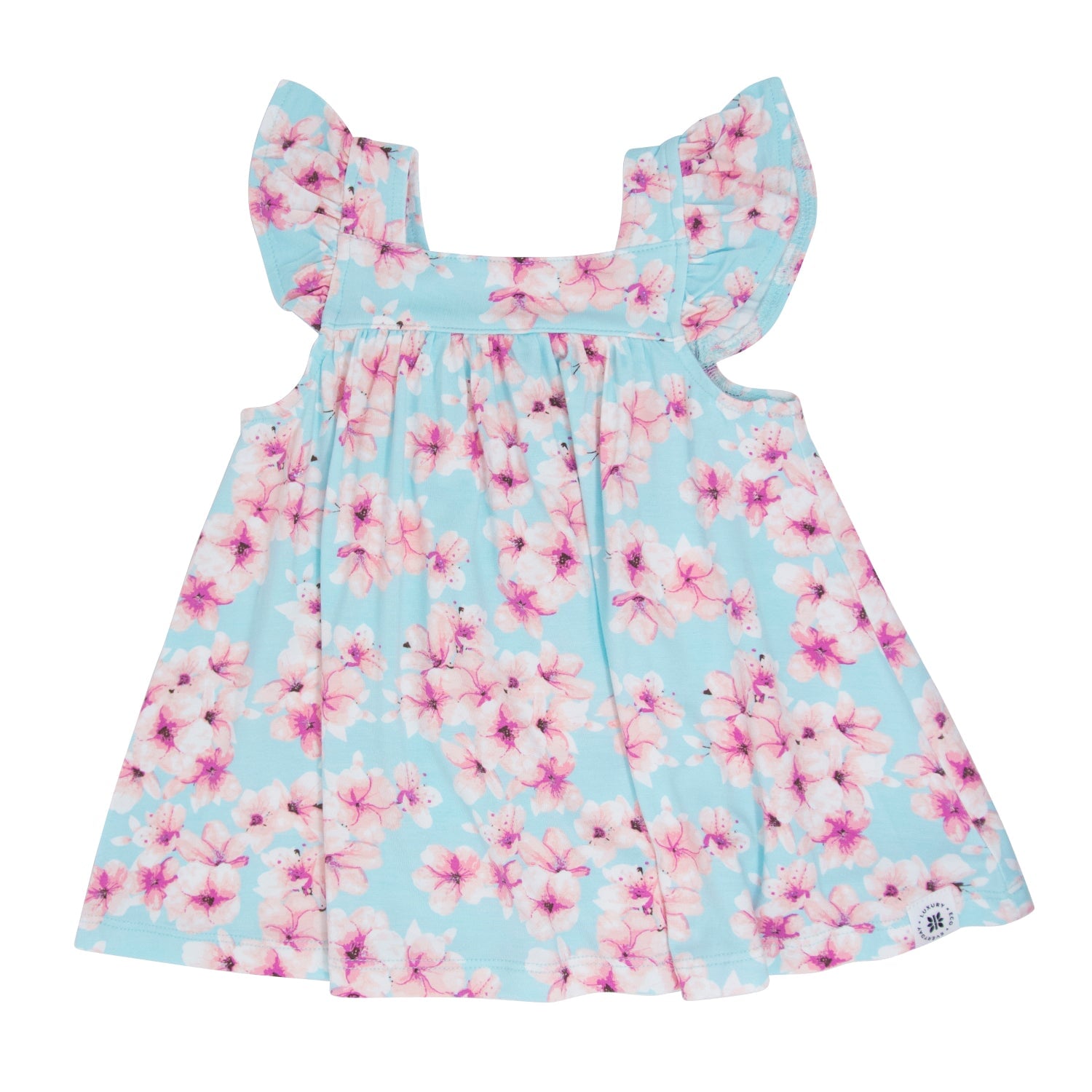 Light blue floral ruffle dress with pink flowers and flutter sleeves