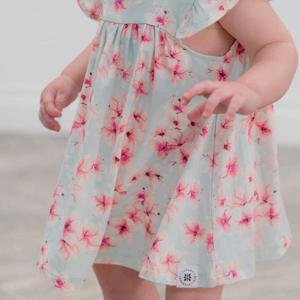 Light blue floral gathered dress skirt with pink flower print and bloomers