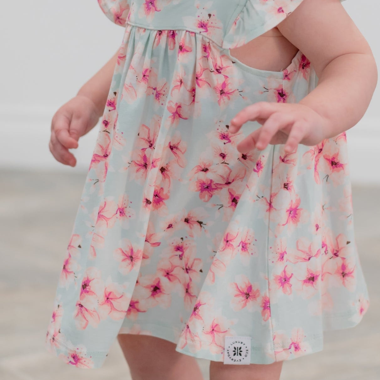 Light blue floral gathered dress skirt with pink flower print and bloomers