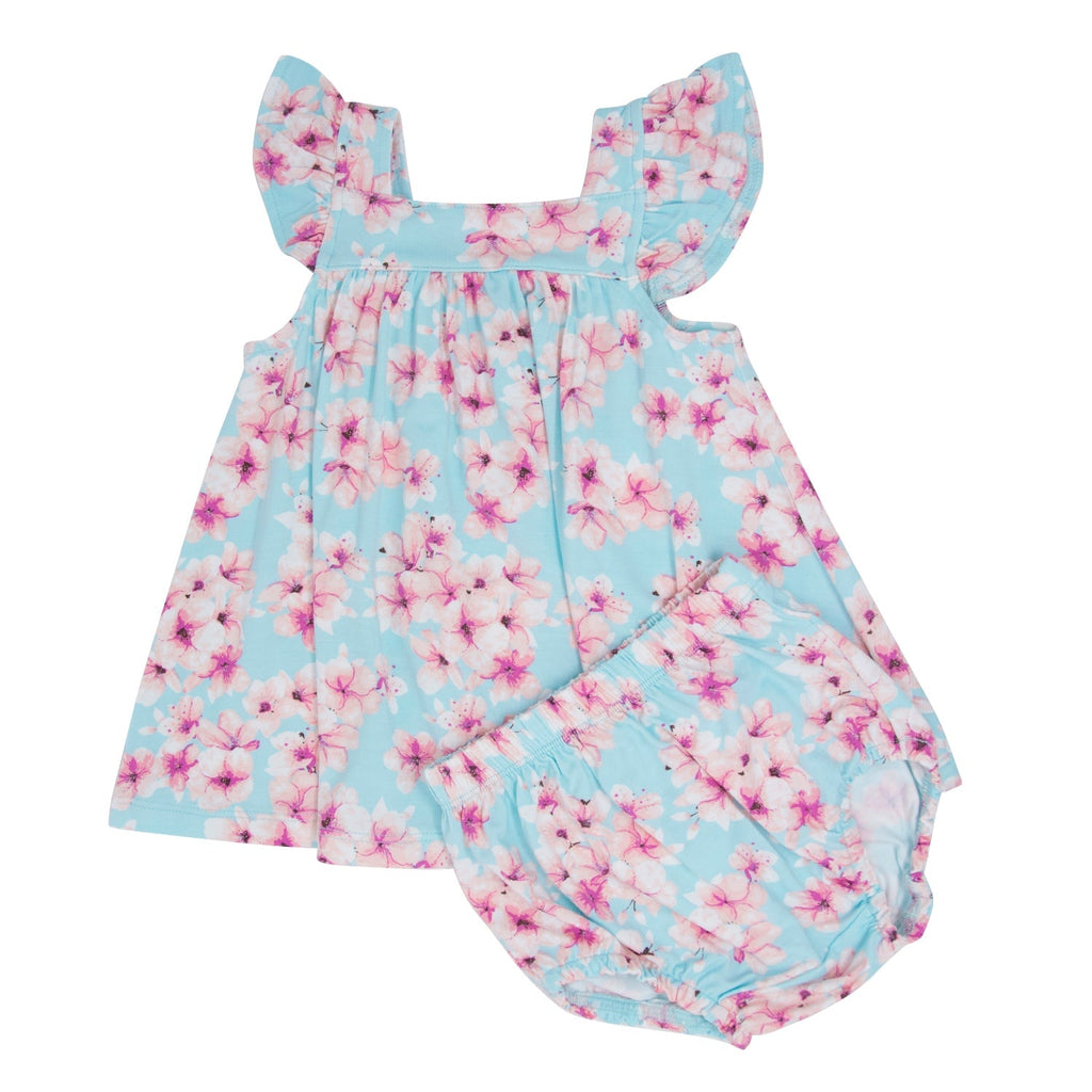 Light blue floral ruffle dress with pink flower print and matching bloomer set