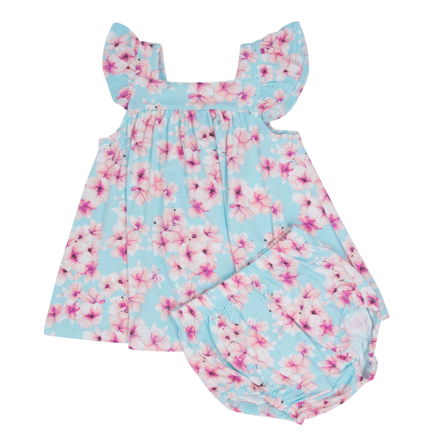 Light blue floral ruffle dress with pink flower print and matching bloomer set