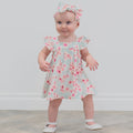 Light blue floral ruffle dress with pink flower print and flutter sleeves