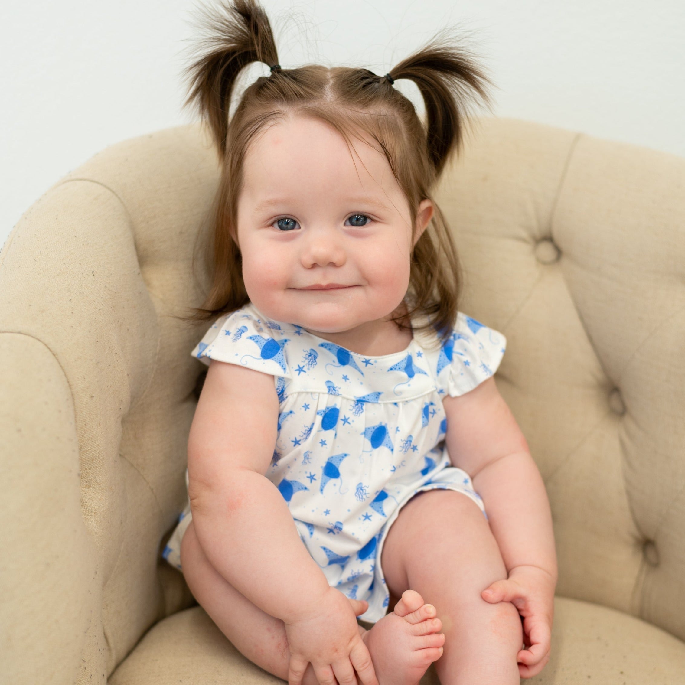Ruffle baby dress and bloomer set, white with blue whale print