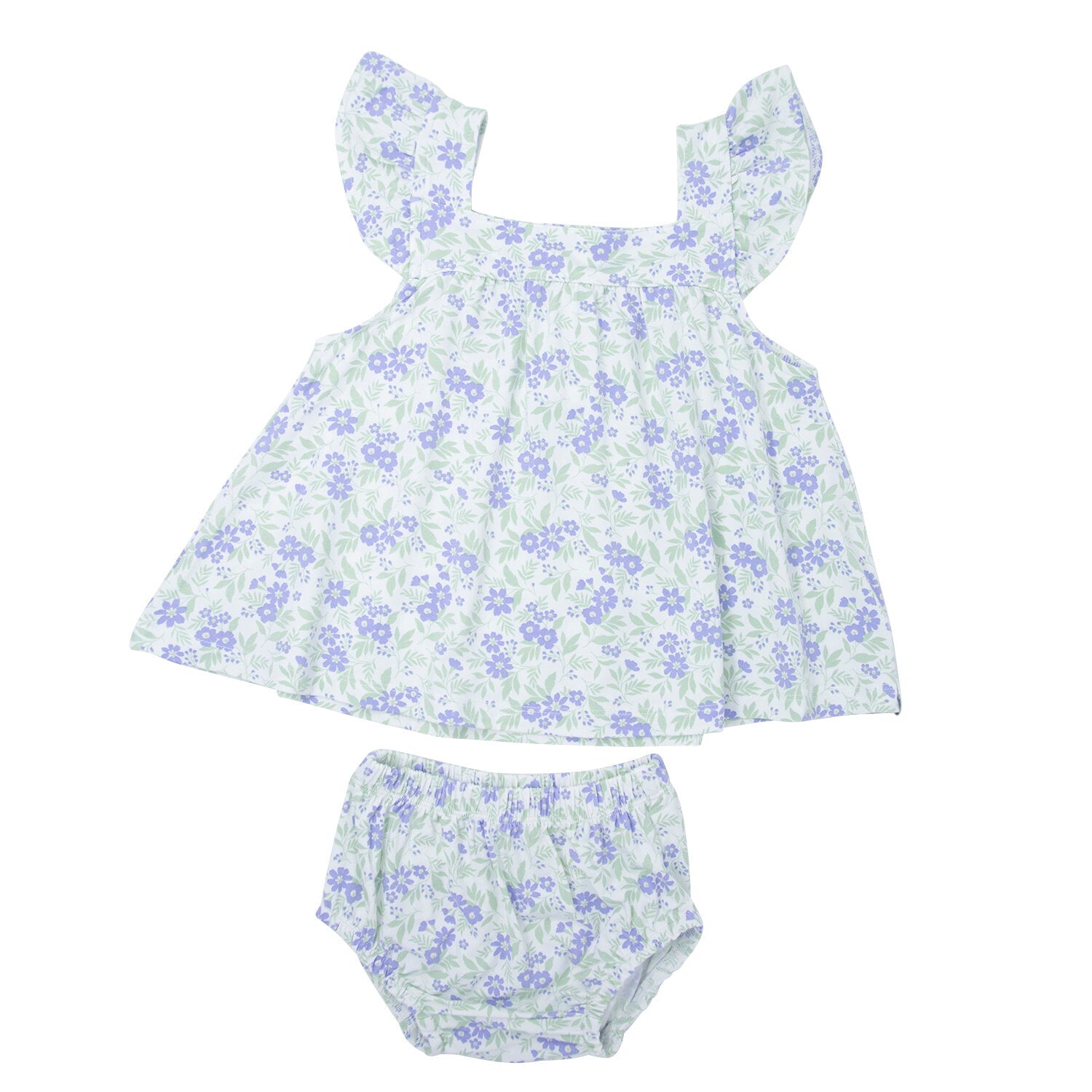 Girls ruffle dress with matching bloomer set, lilac and white floral print