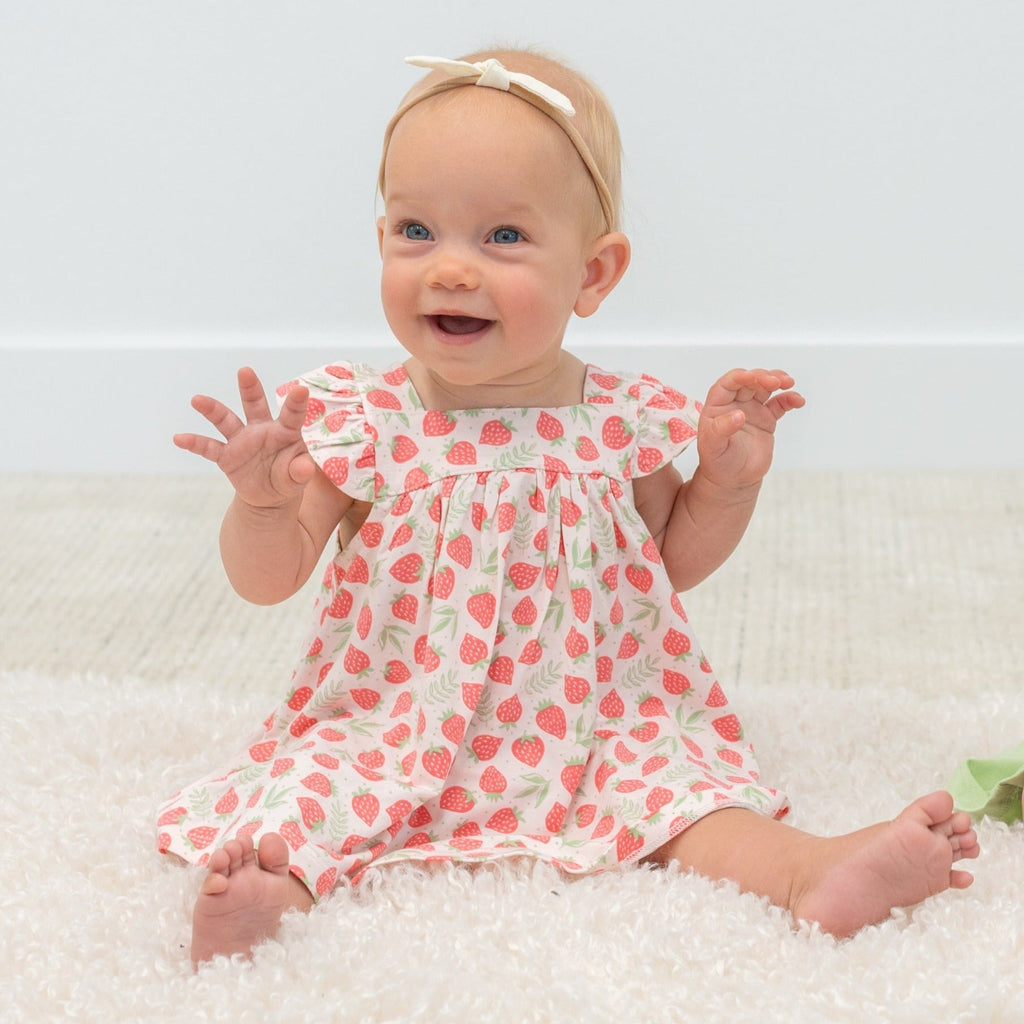 Girls ruffle dress with strawberry print, flutter sleeves and gathered neckline