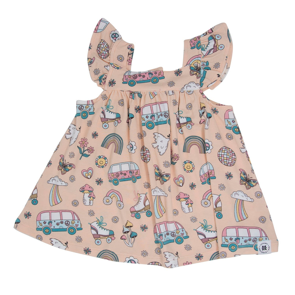 Girls ruffle dress, pink roller skates and rainbow print with ruffled sleeves