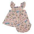 Girls ruffle dress with bloomer, pink roller skates and rainbow print