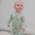 Mint baby footie with front zipper and ruffled cuffs, butterfly and daisy print