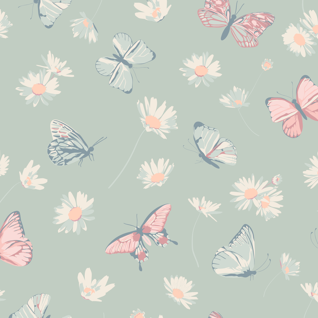 Mint fabric with butterflies and daisies pattern