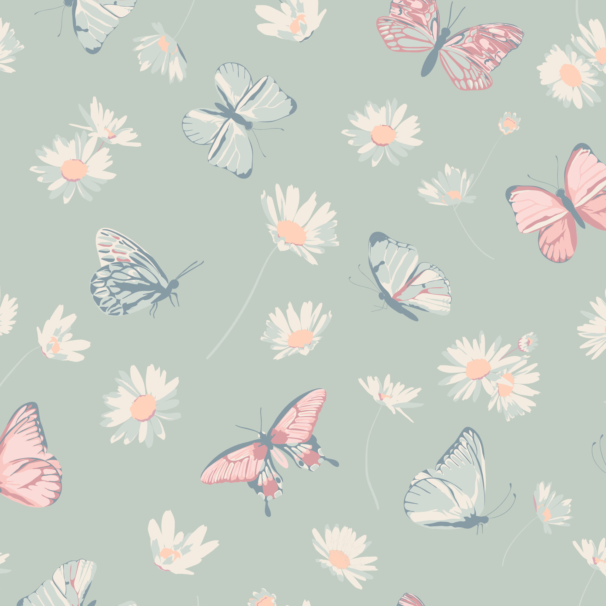 Mint fabric with butterflies and daisies pattern
