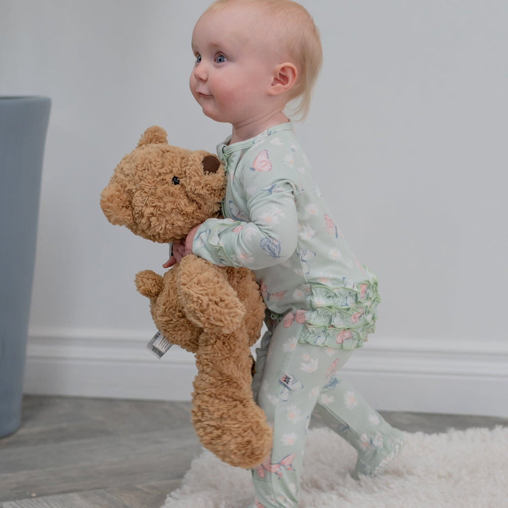 Mint baby footie with butterfly and daisy print and ruffled cuffs