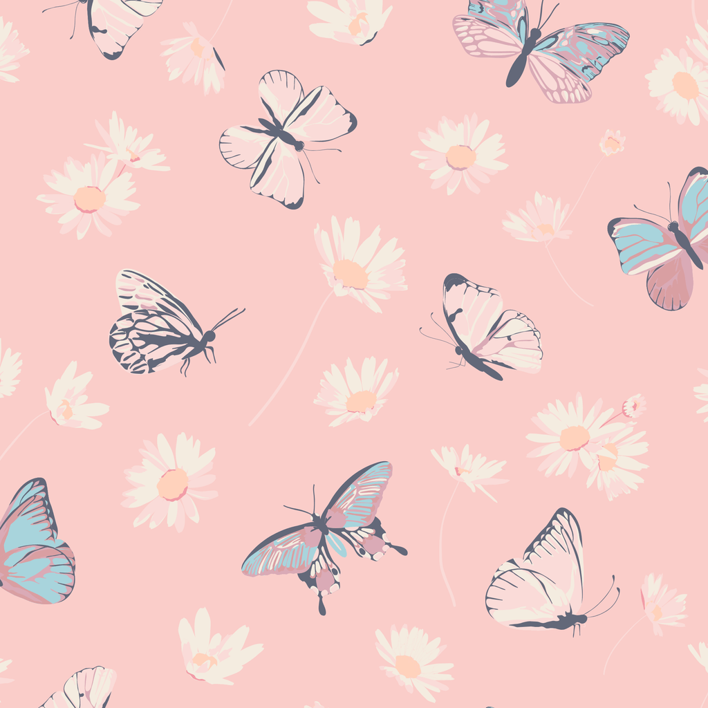 Pink fabric close-up with blue butterfly and daisy print