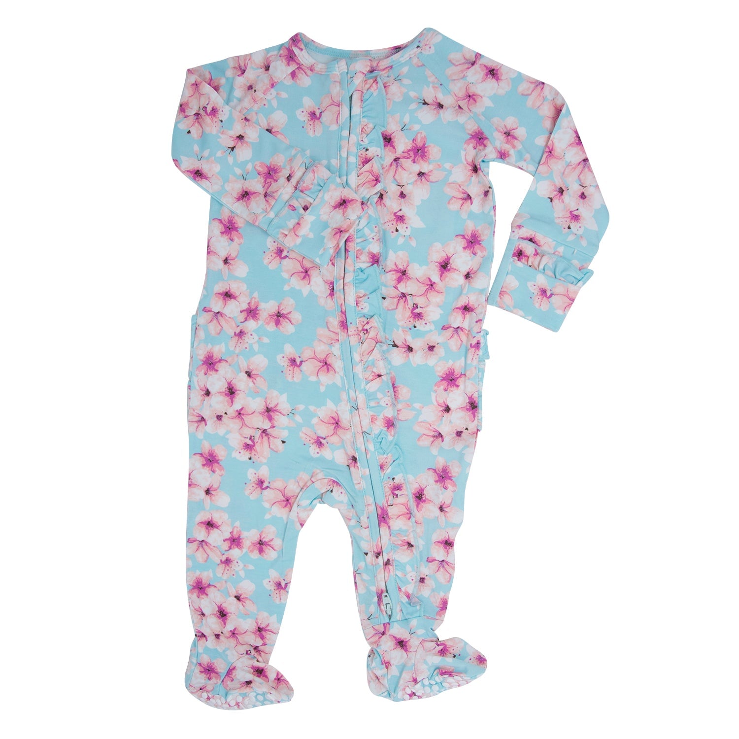 Blue floral zip-front footie with long sleeves and snap cuffs
