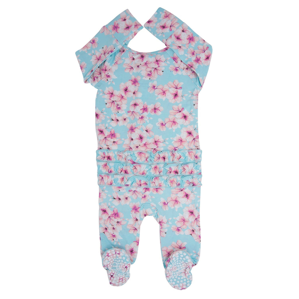 Blue floral zip-front footie with short sleeves and ruffled hem