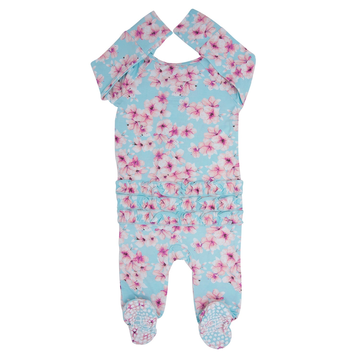 Blue floral zip-front footie with short sleeves and ruffled hem