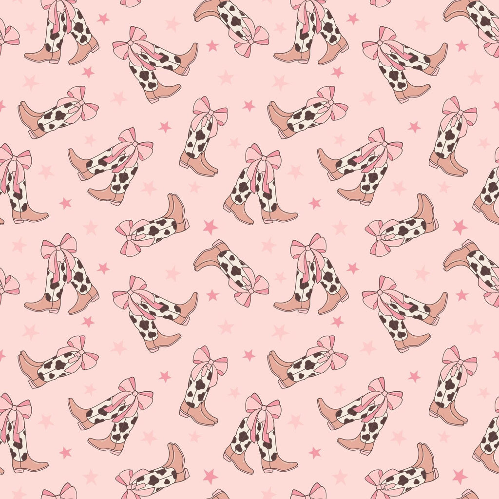 Pink fabric swatch with repeating bow-and-boot silhouettes pattern