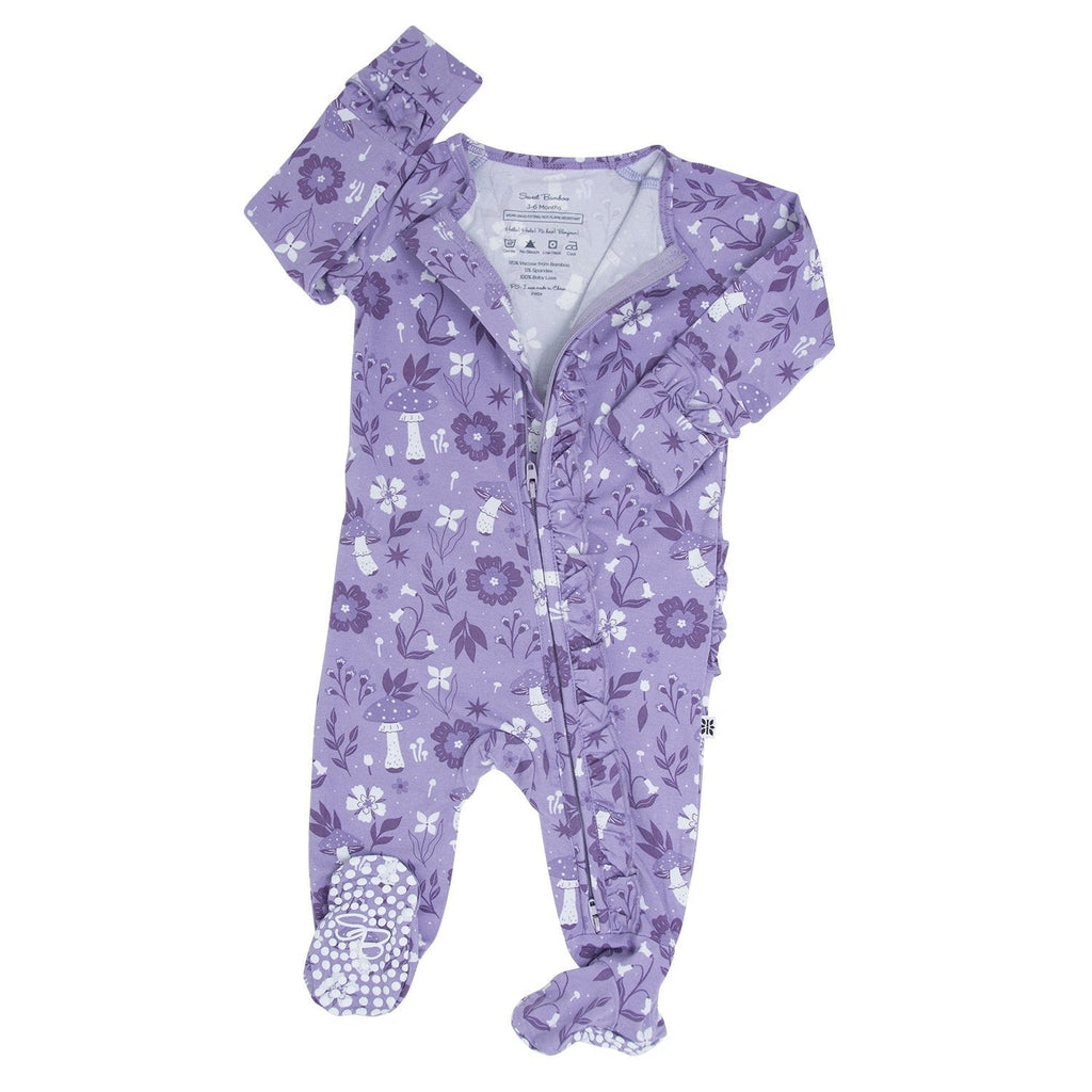 Girls' mushroom floral ruffle footie in lavender with long sleeves, zip front, and cuff ruffles