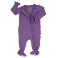 Girls purple ruffle footie with front zipper, long sleeves and gathered leg cuffs