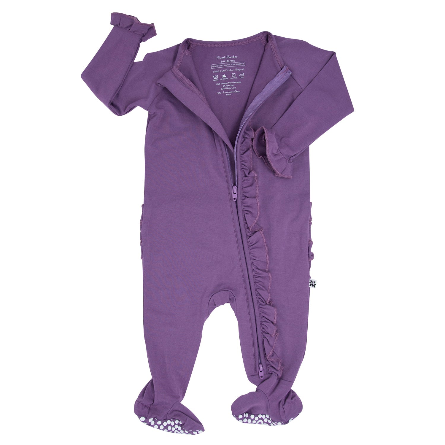 Girls purple ruffle footie with front zipper, long sleeves and gathered leg cuffs