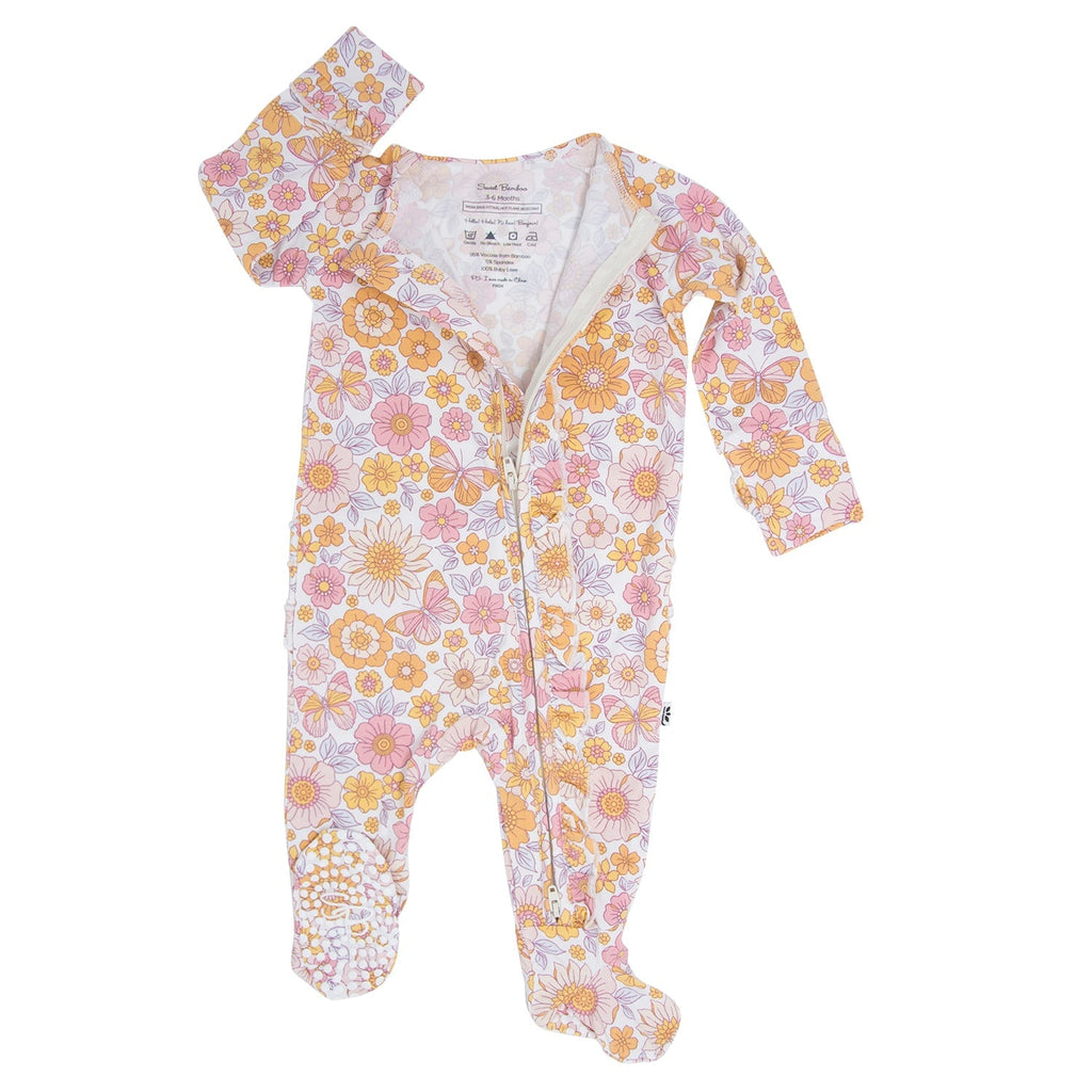 Floral footie romper, long-sleeve with ruffled shoulders and front zipper