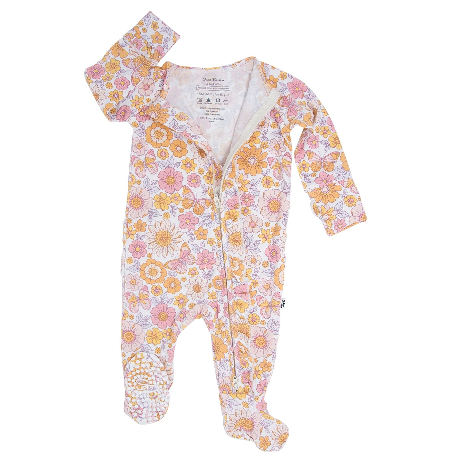 Floral footie romper, long-sleeve with ruffled shoulders and front zipper