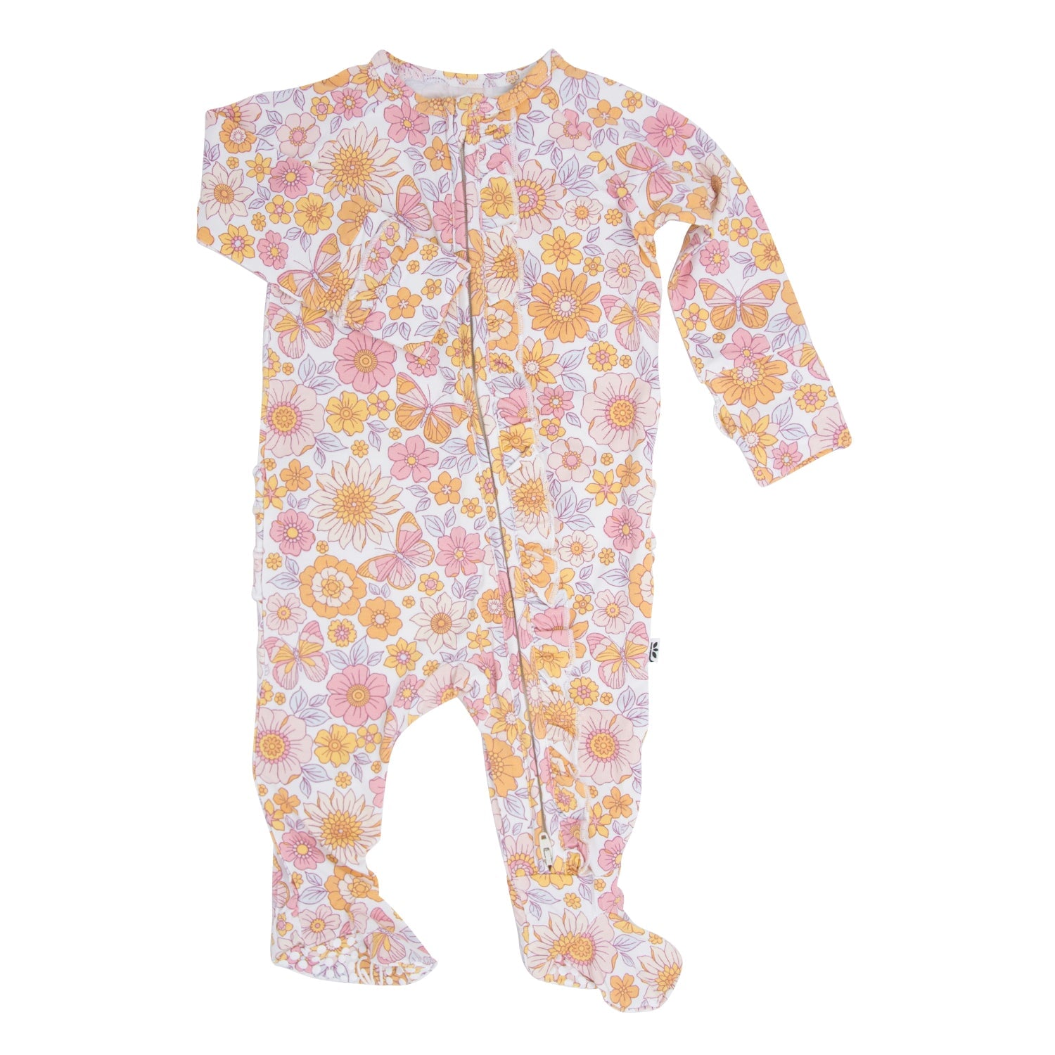 Zip-front floral footie romper with long sleeves and ruffle cuffs