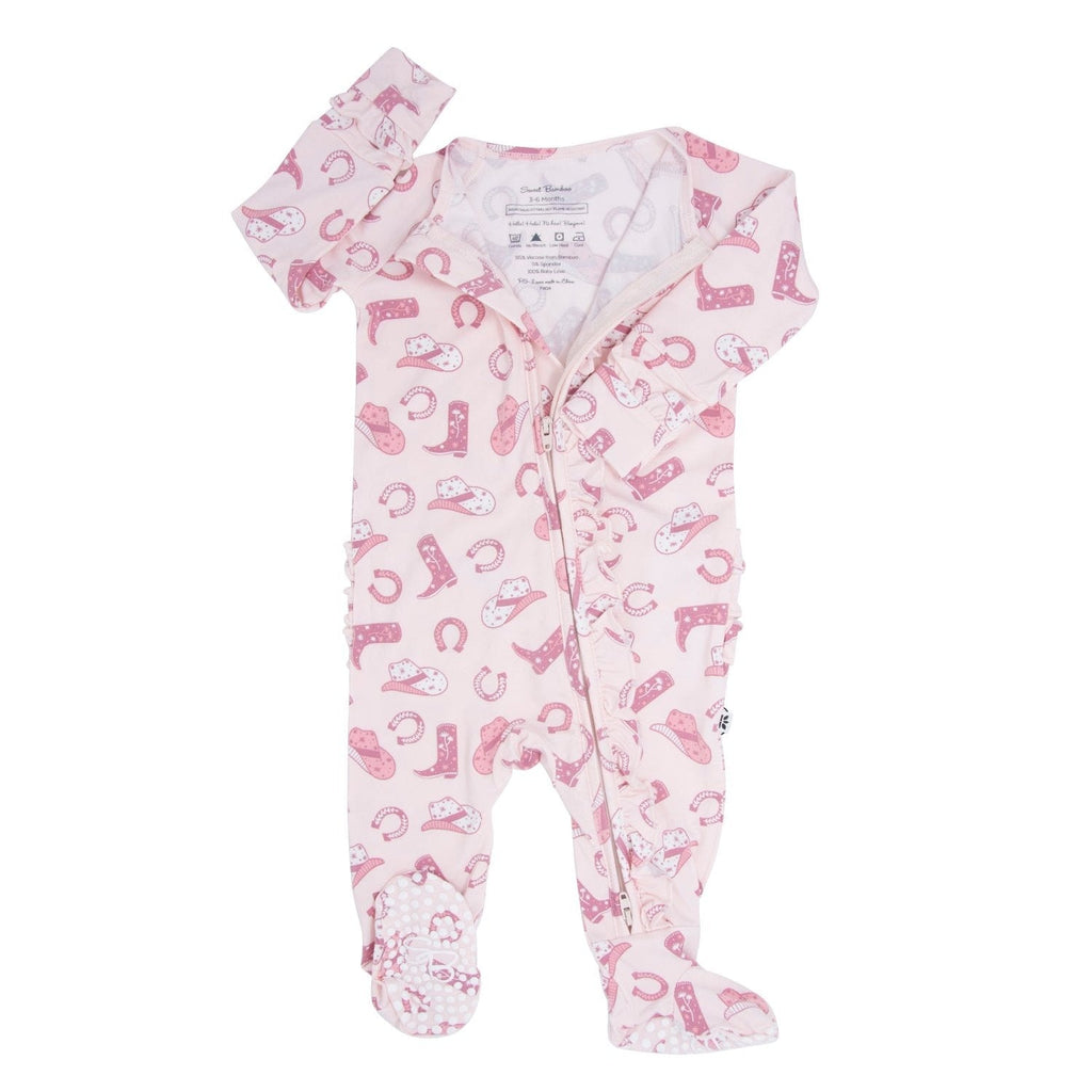 Pink baby footie with western boot print, zip-front, ruffle cuffs