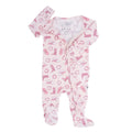 Pink baby footie with western boot print, zip-front, ruffle cuffs