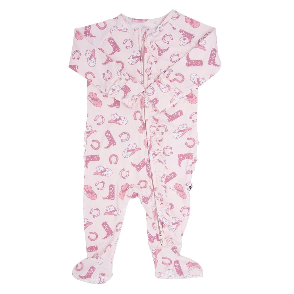 Pink baby footie with western boot print, zip-front, footed pant legs