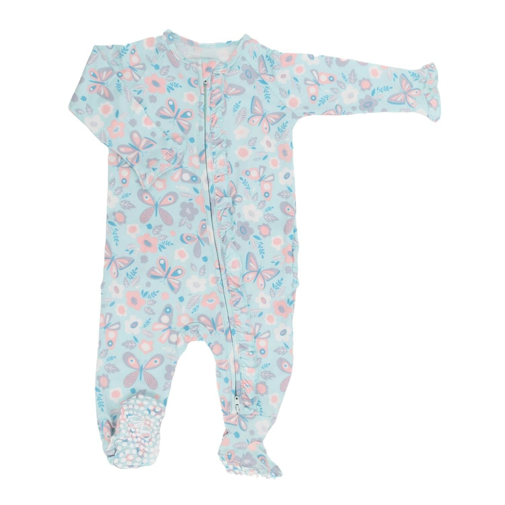 Zip-front ruffle footie, light blue with butterfly, bird, and flower pattern