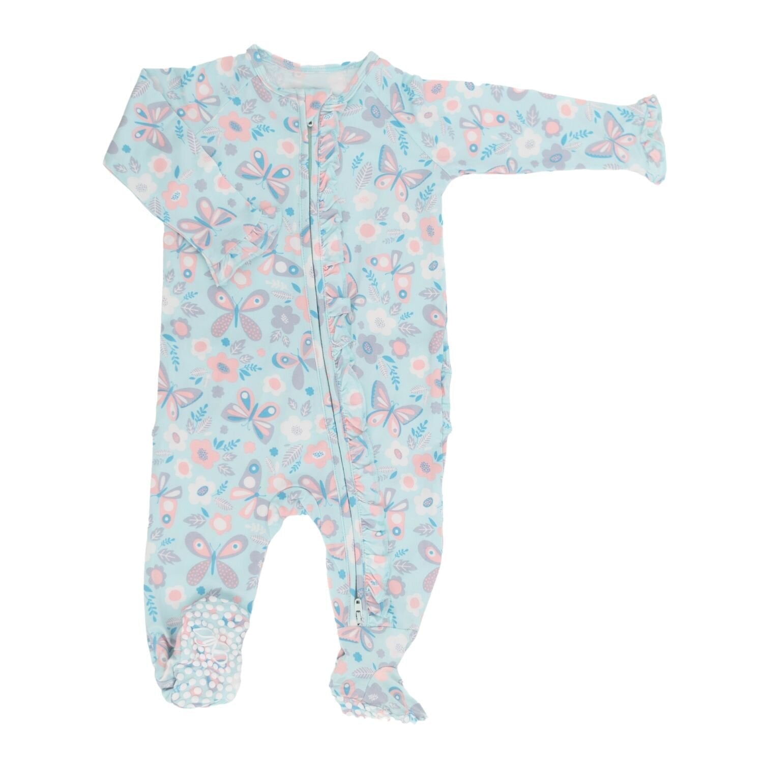 Zip-front ruffle footie, light blue with butterfly, bird, and flower pattern