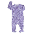 Girls' mushroom floral ruffle footie in lavender with long sleeves, zip front, and footed bottoms