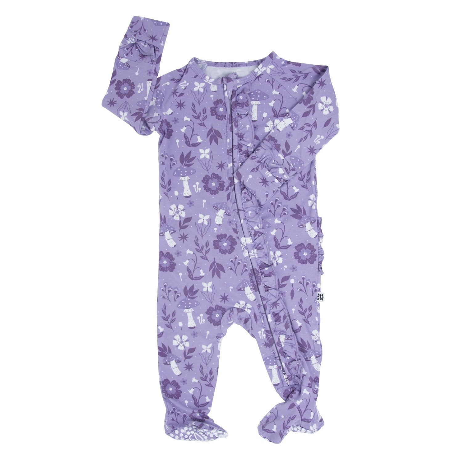Girls' mushroom floral ruffle footie in lavender with long sleeves, zip front, and footed bottoms