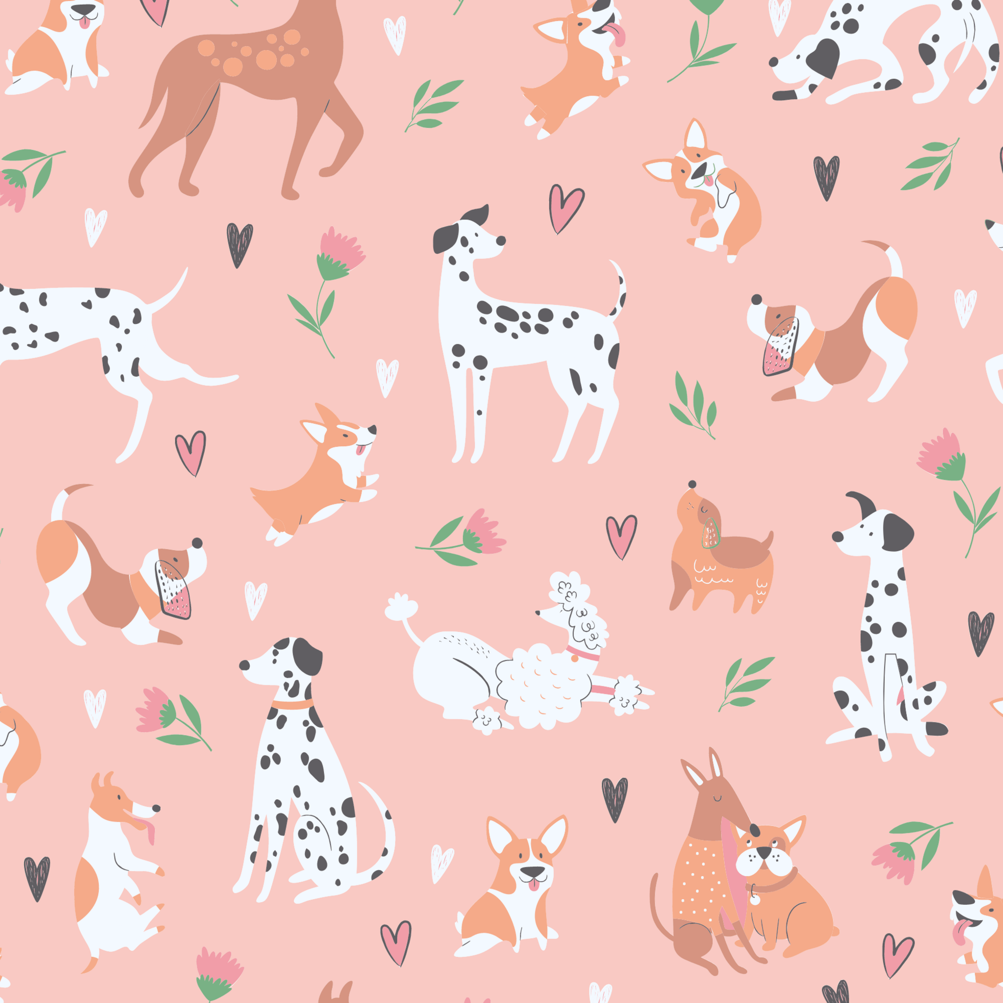 Pink animal-print fabric swatch with playful dog and pet illustrations
