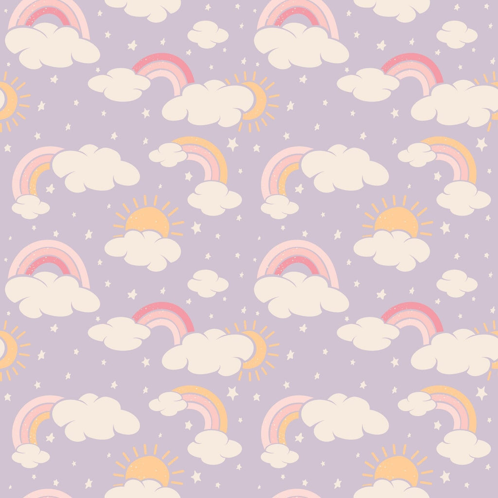 Lavender baby footie fabric with rainbow clouds and stars