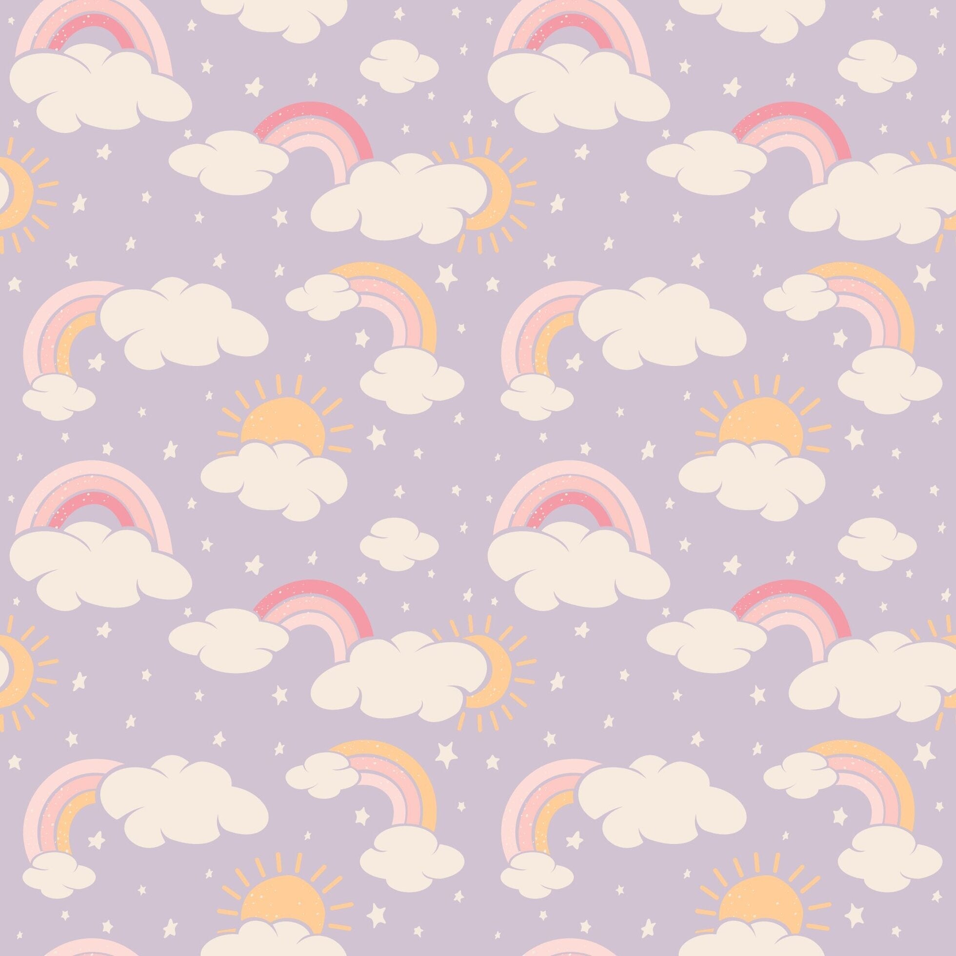 Lavender baby footie fabric with rainbow clouds and stars