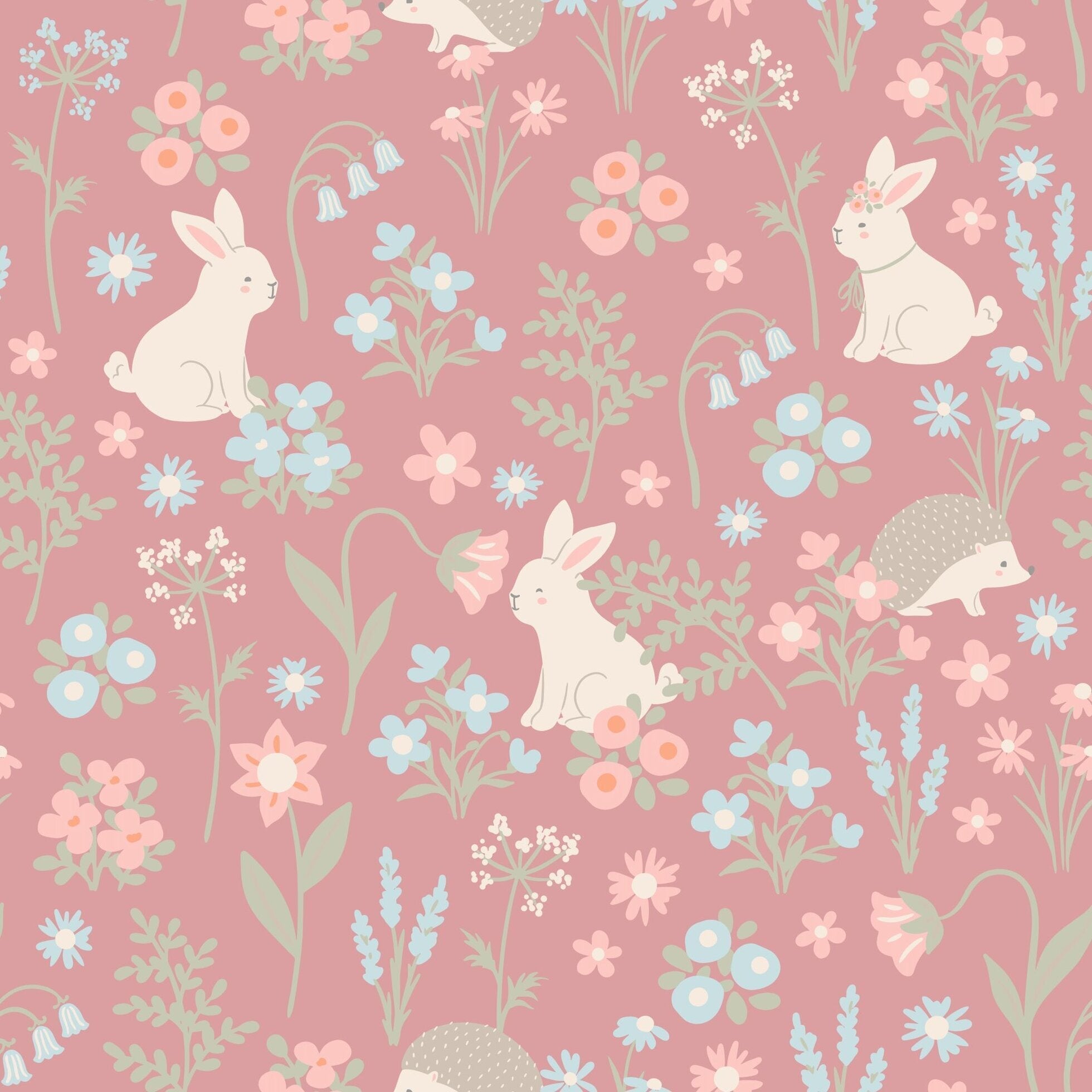 Pink woodland bunny floral baby footie fabric with bunnies, flowers, and leaves