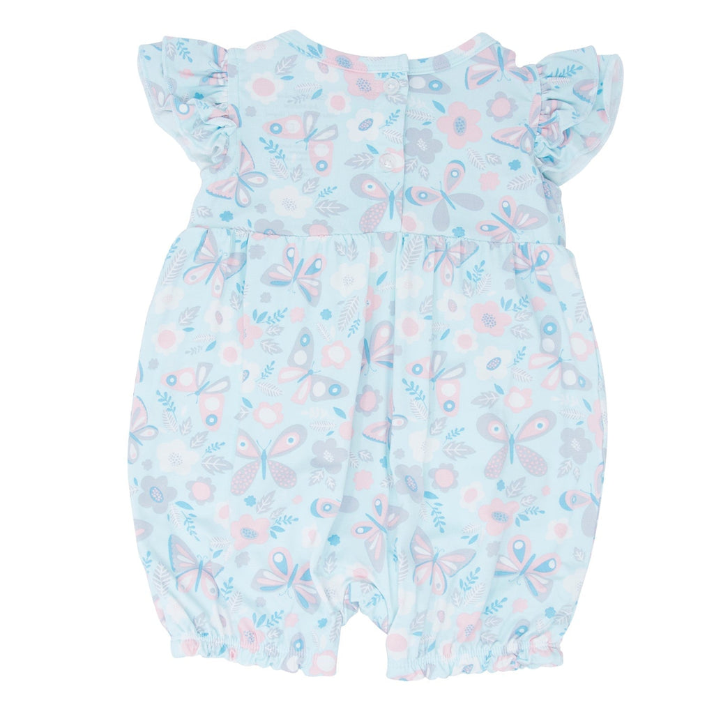 Light aqua ruffle romper, back view, fluttered shoulders and bird-and-butterfly all-over print