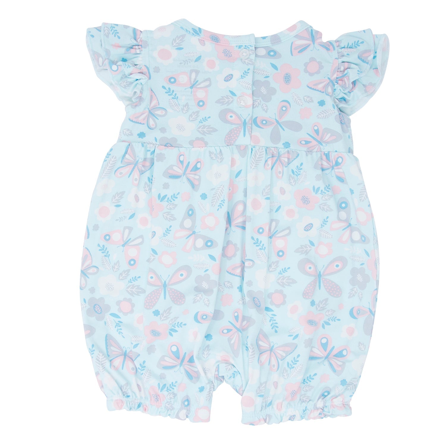 Light aqua ruffle romper, back view, fluttered shoulders and bird-and-butterfly all-over print