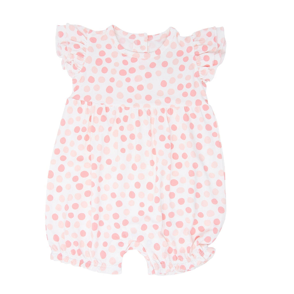 Pink-and-white polka dot ruffle romper with flutter sleeves and short legs