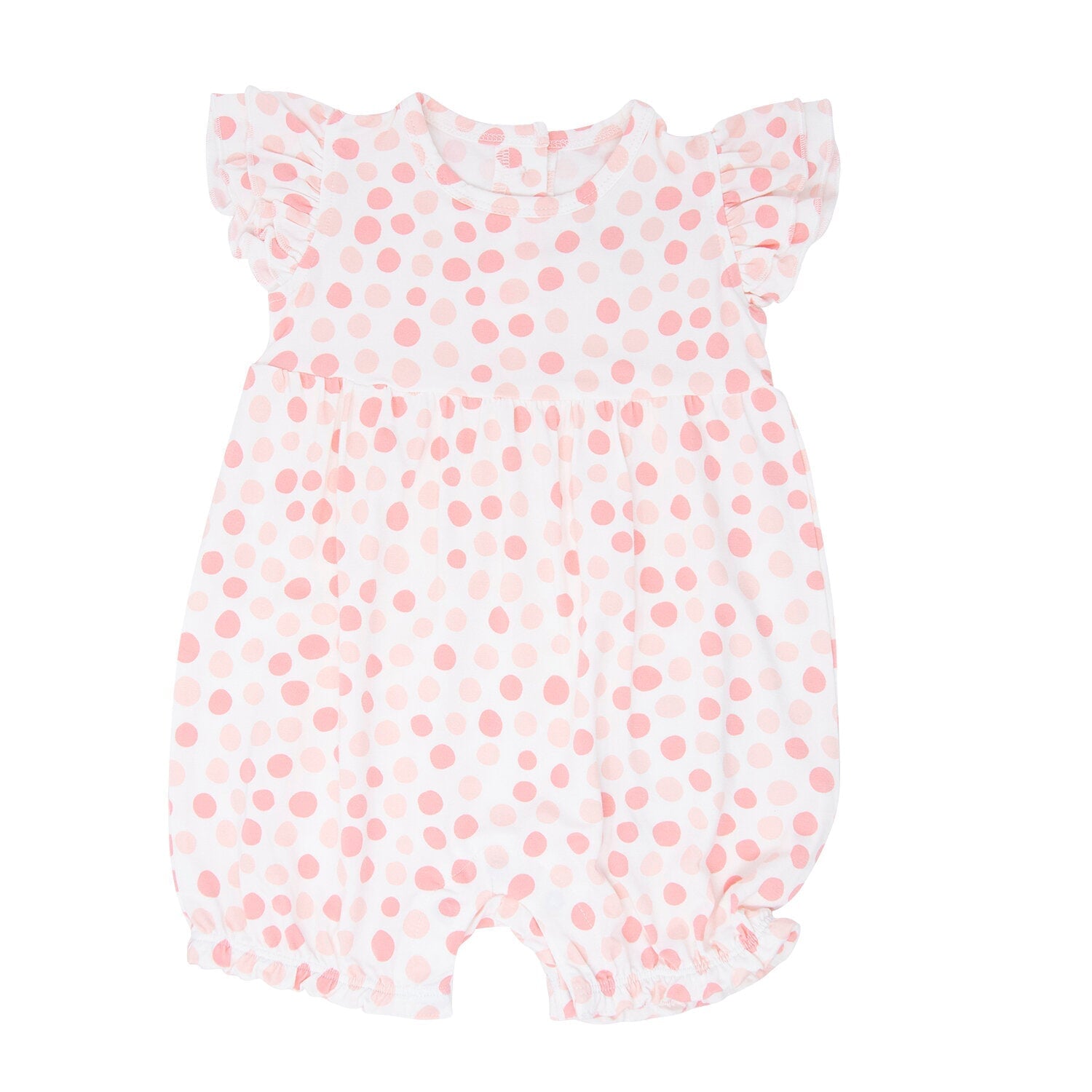 Pink-and-white polka dot ruffle romper with flutter sleeves and short legs