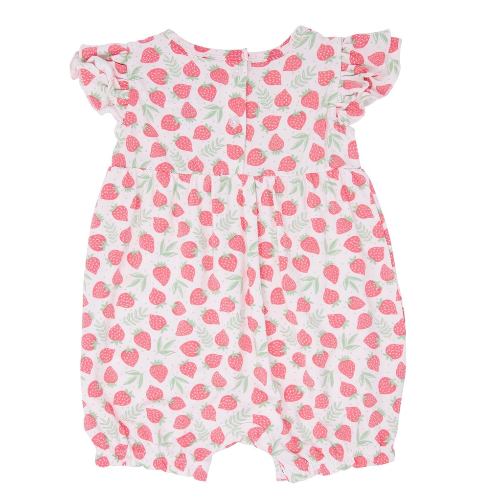Ruffle-sleeve romper with strawberry print, short legs, button front