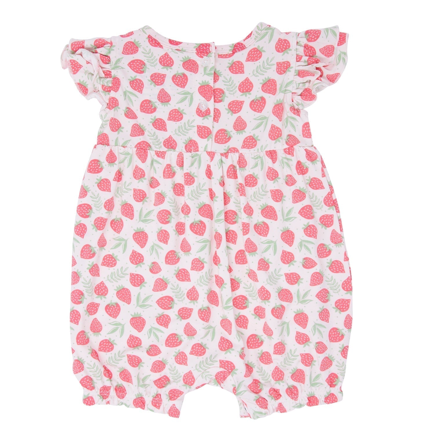 Ruffle-sleeve romper with strawberry print, short legs, button front